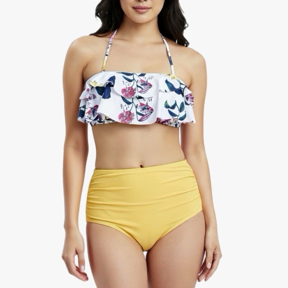 Floral Print Tiered Ruffle Halter High Waisted Two Piece Swim Suit Size Medium